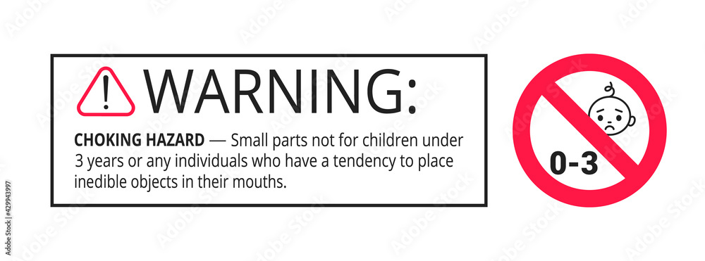 Choking warning hazard forbidden sign sticker not suitable for children under 3 years isolated on white background vector illustration. Warning triangle and examination mark, sharp edges.