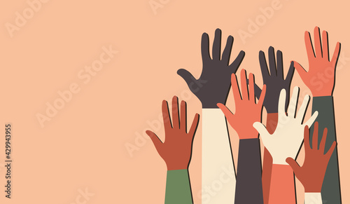 International Youth Day. Voting in elections. Fight for equal rights. Silhouettes of hands of guys and girls of different nationalities and religions. Festive poster in pink colors. 