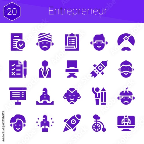 entrepreneur icon set. 20 filled icons on theme entrepreneur. collection of Project, Task, Tasks, Director, Man, Businessman, Startup, Unicycle