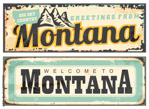 Montana USA retro tin signs. Vintage Montana greeting cards. Vector illustration welcome to Montana.