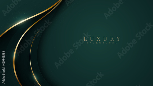 Curve golden line on dark green shade background. Luxury realistic concept. 3d paper cut style. Vector illustration for design.