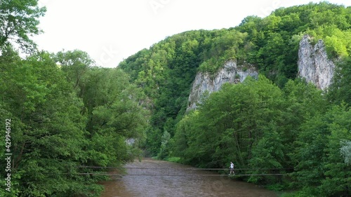 Suspension bridge over Crisul Repede, Suncuius, Oradea, Bihor. Aerial Drone shot