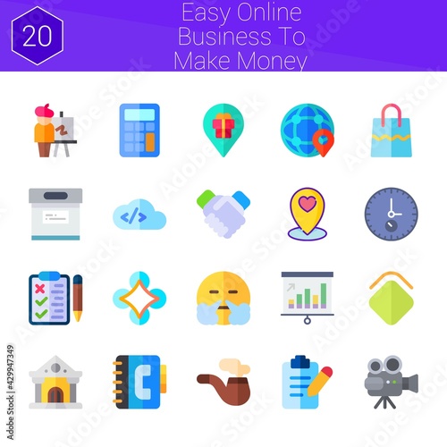 easy online business to make money icon set. 20 flat icons on theme easy online business to make money. collection of college, calculator, handshake, easel, phonebook, bag