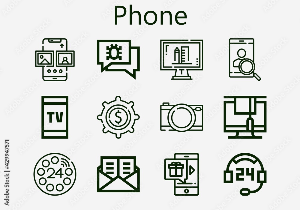 Premium set of phone [S] icons. Simple phone icon pack. Stroke vector illustration on a white background. Modern outline style icons collection of Dial, Monitor, Mail, Support, Online shop, Chat