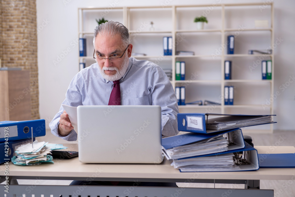 Old male accountant in budget planning concept in the office Old male accountant in budget planning concept in the office