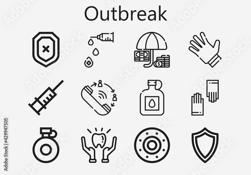 Premium set of outbreak [S] icons. Simple outbreak icon pack. Stroke vector illustration on a white background. Modern outline style icons collection of Canteen, Shield, Gloves, Syringe, Protection