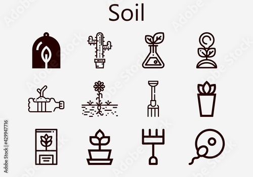 Premium set of soil [S] icons. Simple soil icon pack. Stroke vector illustration on a white background. Modern outline style icons collection of Plant, Fertilization, Pitchfork, Plants, Rake photo