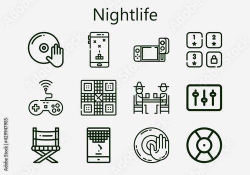 Premium set of nightlife [S] icons. Simple nightlife icon pack. Stroke vector illustration on a white background. Modern outline style icons collection of Game, DJ, Dj music, Gamblers, Director chair