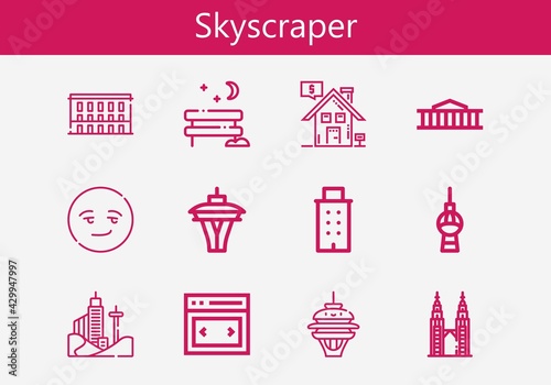 Premium set of skyscraper line icons. Simple skyscraper icon pack. Stroke vector illustration on a white background. Modern outline style icons collection of Building, Petronas, Slider, British museum