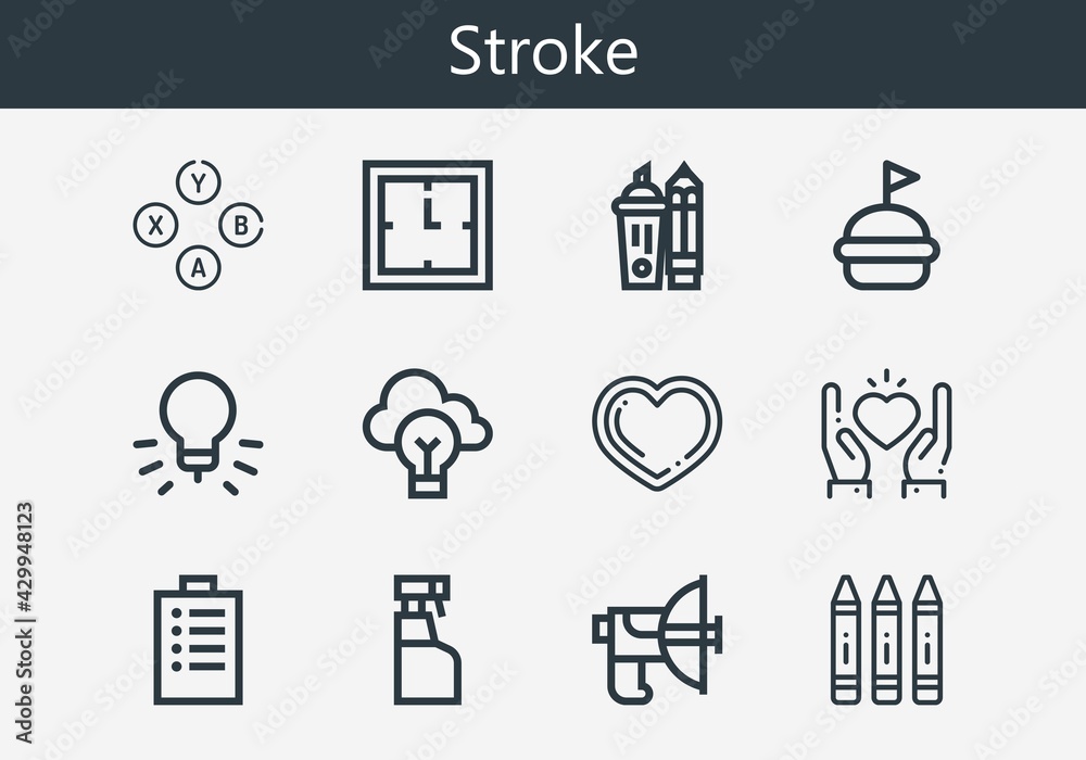 Premium set of stroke line icons. Simple stroke icon pack. Stroke vector illustration on a white background. Modern outline style icons collection of Hamburguer, Heart, Parabolic, Idea, Padnote Premium set of stroke line icons. Simple stroke icon pack. Stroke vector illustration on a white background. Modern outline style icons collection of Hamburguer, Heart, Parabolic, Idea, Padnote