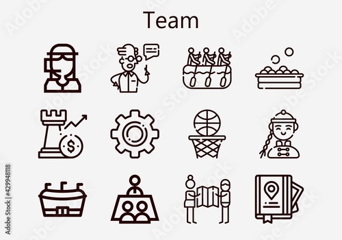 Premium set of team [S] icons. Simple team icon pack. Stroke vector illustration on a white background. Modern outline style icons collection of Call center, Guide, Meeting, Scientist, Planning