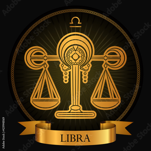 Zodiac Cancer Horoscope Golden Gradient Design Silhouette Style with Sign Icon in Chain Circle Frame and Ribbon with the Name inside Vector Graphic Design Template.