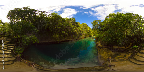 Canyon with a blue lagoon. Enchanted River in Hinatuan, Surigao Del Sur, Philippines. 360 panorama VR.