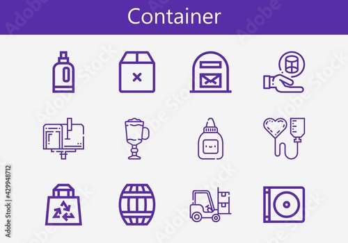 Premium set of container line icons. Simple container icon pack. Stroke vector illustration on a white background. Modern outline style icons collection of Cylinder, Detergent, Dvd, Mailbox