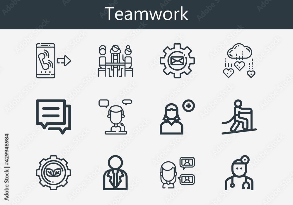 Premium set of teamwork line icons. Simple teamwork icon pack. Stroke vector illustration on a white background. Modern outline style icons collection of Add user, Call Premium set of teamwork line icons. Simple teamwork icon pack. Stroke vector illustration on a white background. Modern outline style icons collection of Add user, Call