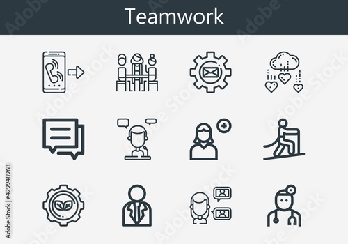 Premium set of teamwork line icons. Simple teamwork icon pack. Stroke vector illustration on a white background. Modern outline style icons collection of Add user  Call