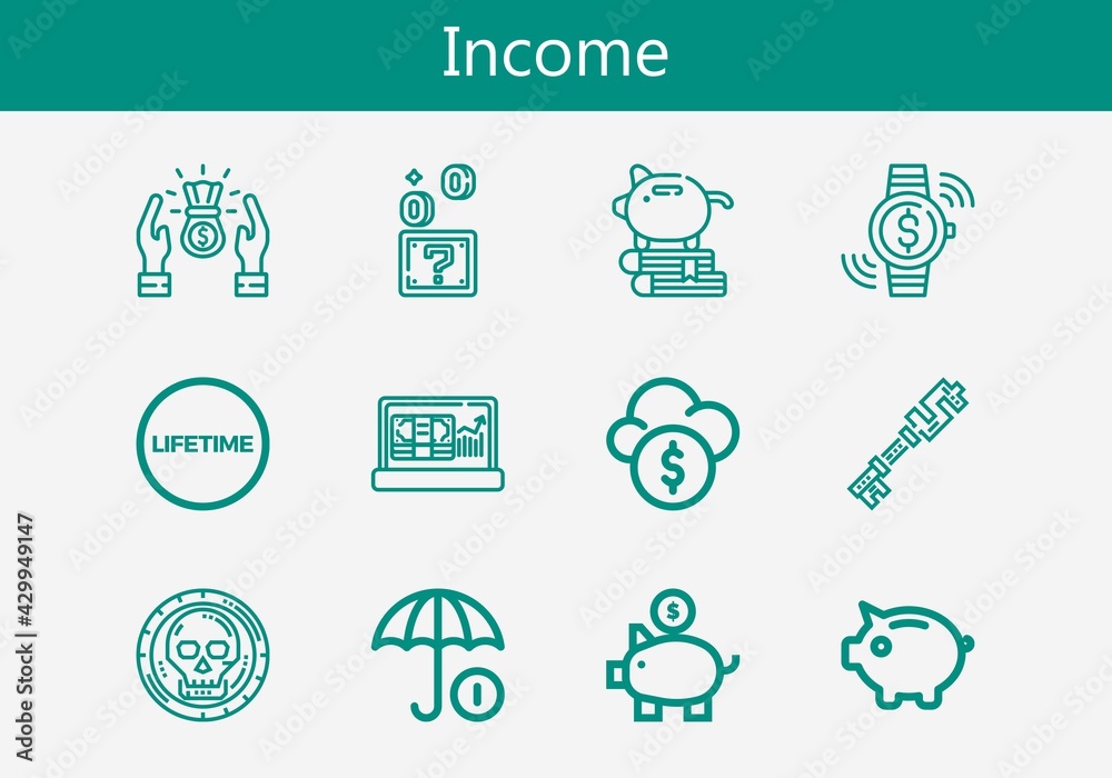 Premium set of income line icons. Simple income icon pack. Stroke vector illustration on a white background. Modern outline style icons collection of Coin, Lifetime, Coins, Piggy bank, Profit