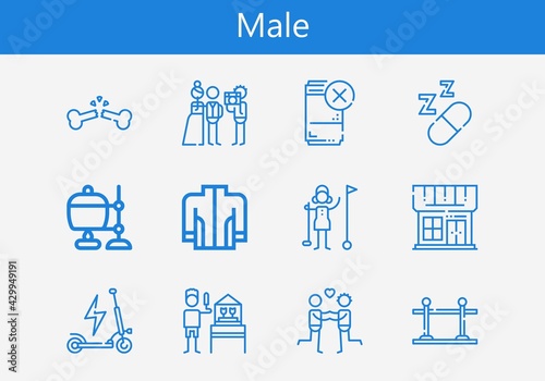 Premium set of male line icons. Simple male icon pack. Stroke vector illustration on a white background. Modern outline style icons collection of Broken bone, Shop, Jacket, Sleeping, Scooter