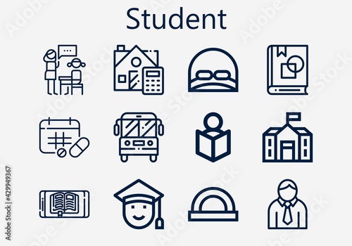 Premium set of student [S] icons. Simple student icon pack. Stroke vector illustration on a white background. Modern outline style icons collection of Art book, Read, School, Cap, School bus, Ebook