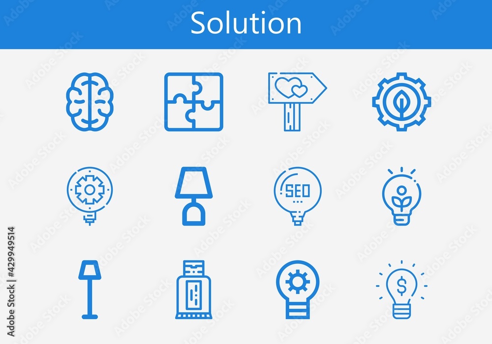 Premium set of solution line icons. Simple solution icon pack. Stroke vector illustration on a white background. Modern outline style icons collection of Green energy, Brain, Puzzle, Idea