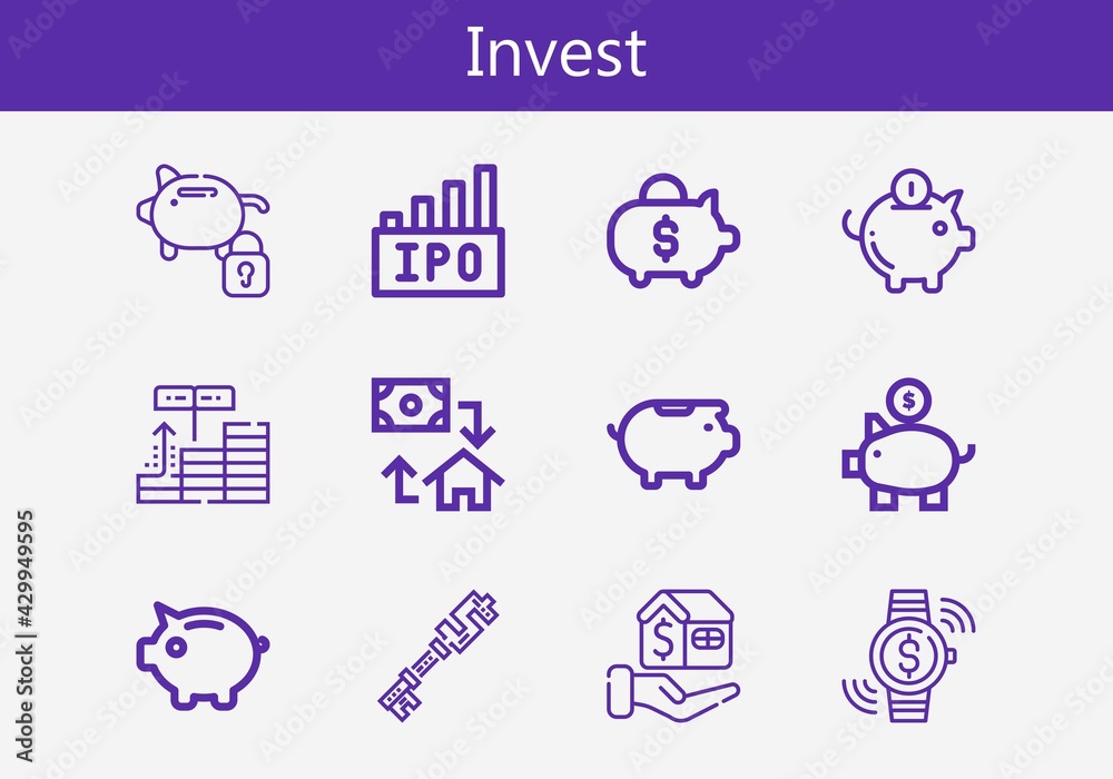 Premium set of invest line icons. Simple invest icon pack. Stroke vector illustration on a white background. Modern outline style icons collection of Mortgage, Piggy bank, Ipo, Investment Premium set of invest line icons. Simple invest icon pack. Stroke vector illustration on a white background. Modern outline style icons collection of Mortgage, Piggy bank, Ipo, Investment