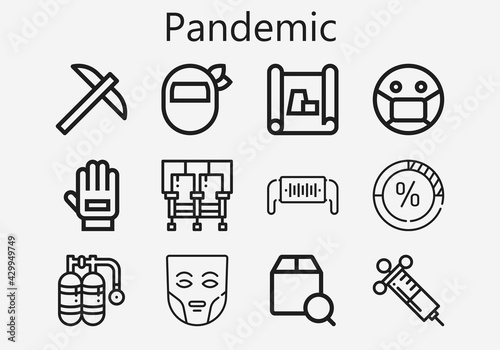 Premium set of pandemic [S] icons. Simple pandemic icon pack. Stroke vector illustration on a white background. Modern outline style icons collection of Glove, Oxygen, Scheme, Pick, Syringe