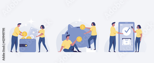 Save money people concept. Saving dollar coin piggy bank and Mobile Banking. vector illustration