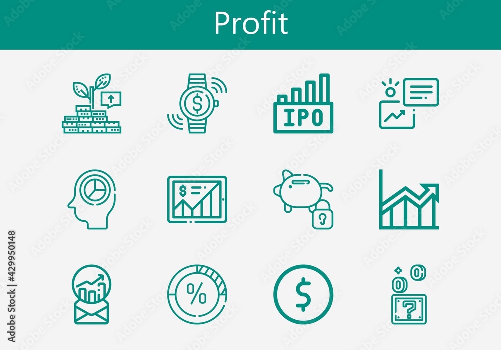 Premium set of profit line icons. Simple profit icon pack. Stroke vector illustration on a white background. Modern outline style icons collection of Coin, Growth, Coins Premium set of profit line icons. Simple profit icon pack. Stroke vector illustration on a white background. Modern outline style icons collection of Coin, Growth, Coins