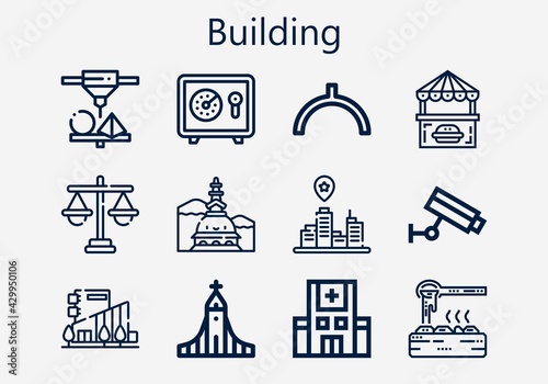 Premium set of building [S] icons. Simple building icon pack. Stroke vector illustration on a white background. Modern outline style icons collection of Justice, Mall, Noon, Safebox, Food stall
