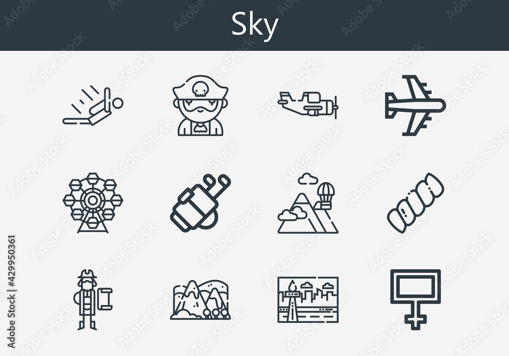 Fototapeta premium Premium set of sky line icons. Simple sky icon pack. Stroke vector illustration on a white background. Modern outline style icons collection of Mountains, Skydiving, Airplane, Golf, Hill