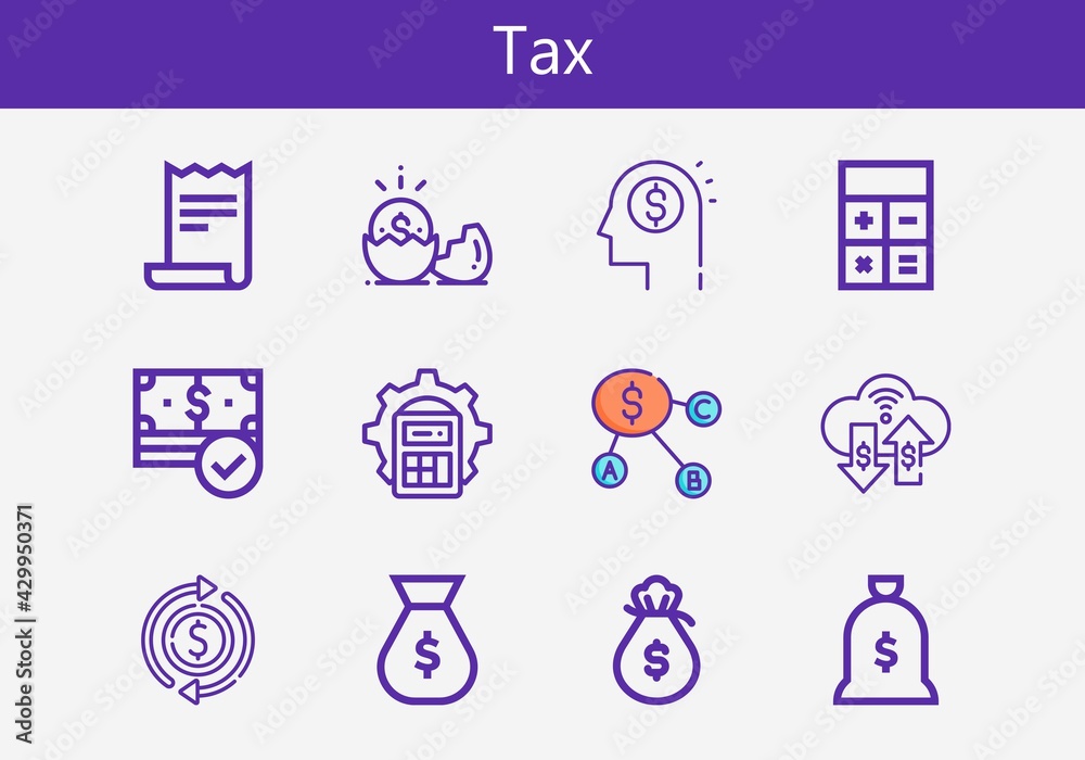 Premium set of tax line icons. Simple tax icon pack. Stroke vector illustration on a white background. Modern outline style icons collection of Money, Receipt, Dollar, Calculator, Money bag Premium set of tax line icons. Simple tax icon pack. Stroke vector illustration on a white background. Modern outline style icons collection of Money, Receipt, Dollar, Calculator, Money bag