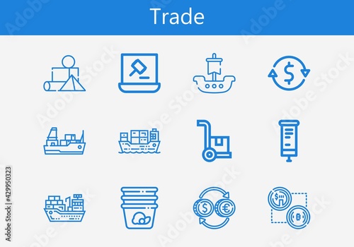 Premium set of trade line icons. Simple trade icon pack. Stroke vector illustration on a white background. Modern outline style icons collection of Cargo ship, Cargo, Roll up