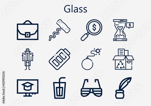 Premium set of glass [S] icons. Simple glass icon pack. Stroke vector illustration on a white background. Modern outline style icons collection of Recycling box, Inkwell, Corkscrew, Search