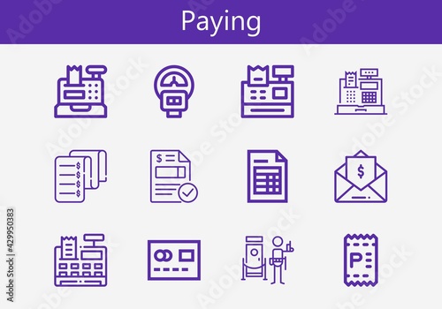 Premium set of paying line icons. Simple paying icon pack. Stroke vector illustration on a white background. Modern outline style icons collection of Invoice, Cash register, Parking meter, Doorman