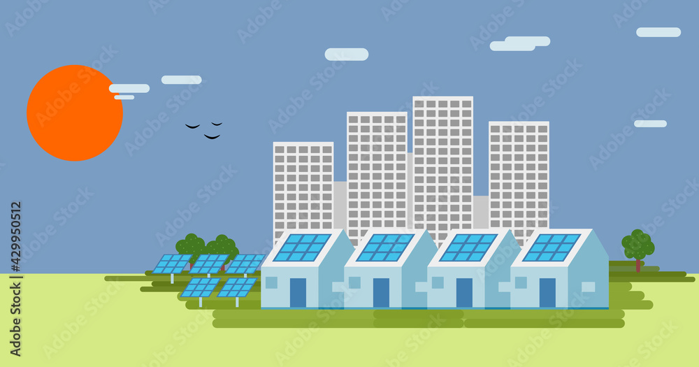 Obraz premium Solar Panel City House Building Renewable Energy green ecology home power with panels energy illustration in flat style new world environment modern design