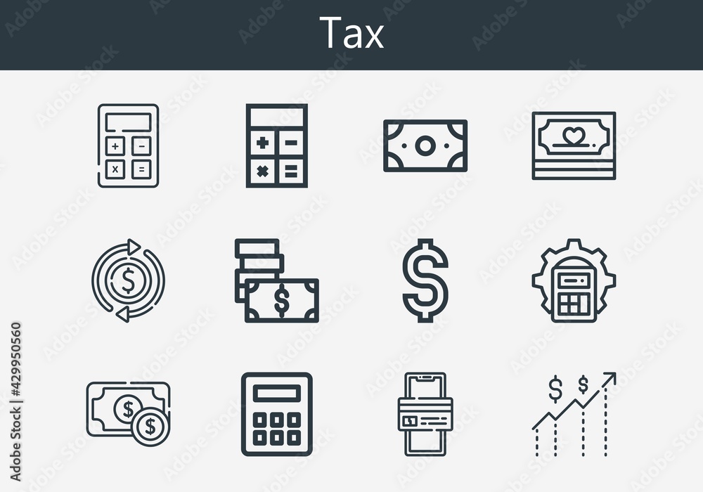 Premium set of tax line icons. Simple tax icon pack. Stroke vector illustration on a white background. Modern outline style icons collection of Money, Online payment, Dollar Premium set of tax line icons. Simple tax icon pack. Stroke vector illustration on a white background. Modern outline style icons collection of Money, Online payment, Dollar