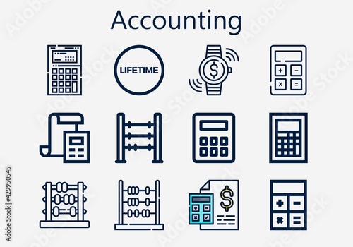 Premium set of accounting [S] icons. Simple accounting icon pack. Stroke vector illustration on a white background. Modern outline style icons collection of Lifetime, Calculator, Bill, Abacus
