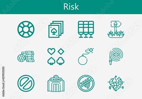 Premium set of risk line icons. Simple risk icon pack. Stroke vector illustration on a white background. Modern outline style icons collection of Poker, Seat, Banned, Casino, Iceberg, Casino chip
