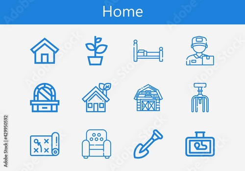Premium set of home line icons. Simple home icon pack. Stroke vector illustration on a white background. Modern outline style icons collection of Bed, Plant, Shovel, Barn, Chair, Delivery man, House