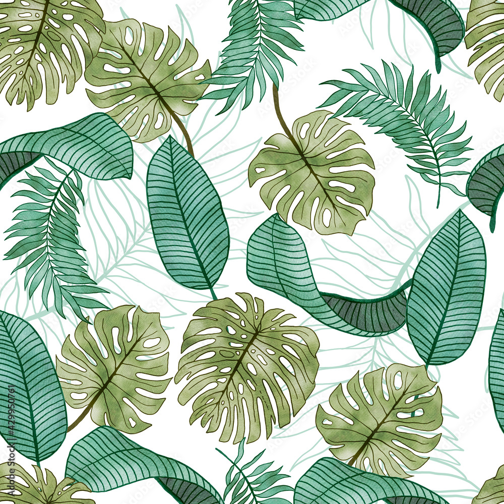 Watercolor Tropical Leaves Seamless Summer Pattern