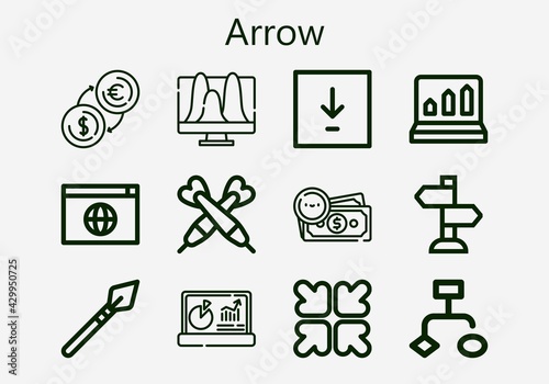 Premium set of arrow [S] icons. Simple arrow icon pack. Stroke vector illustration on a white background. Modern outline style icons collection of Money, Profits, Darts, Sign Post, Reduce