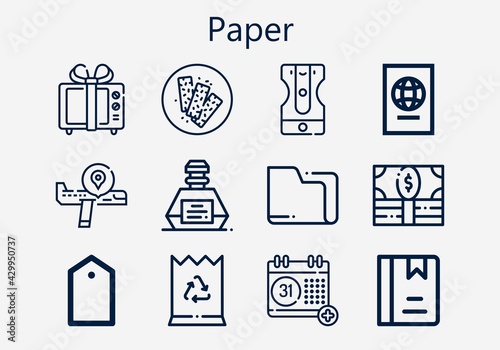 Premium set of paper [S] icons. Simple paper icon pack. Stroke vector illustration on a white background. Modern outline style icons collection of Chocolate bar, Gift, Money, Passport, Airplane