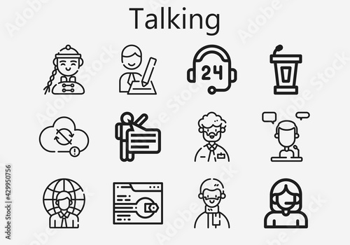 Premium set of talking [S] icons. Simple talking icon pack. Stroke vector illustration on a white background. Modern outline style icons collection of Call center, Support, Speech, Man