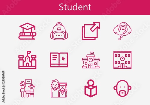 Premium set of student line icons. Simple student icon pack. Stroke vector illustration on a white background. Modern outline style icons collection of Read, Foreign, Learning