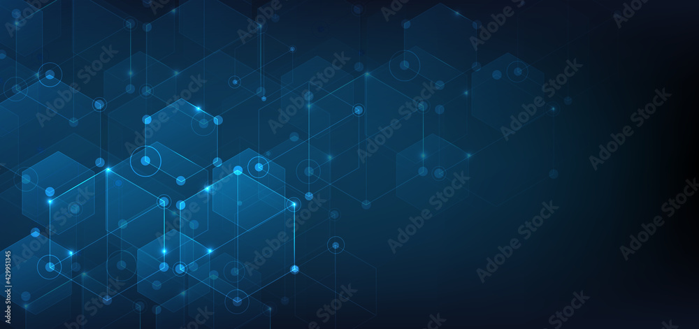 Abstract hexagon and square technology and business communications on dark blue background.