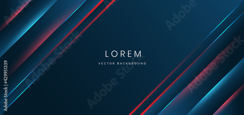 Abstract banner glowing red lines and blue lines overlapping layered with lighting effect on dark blue background.