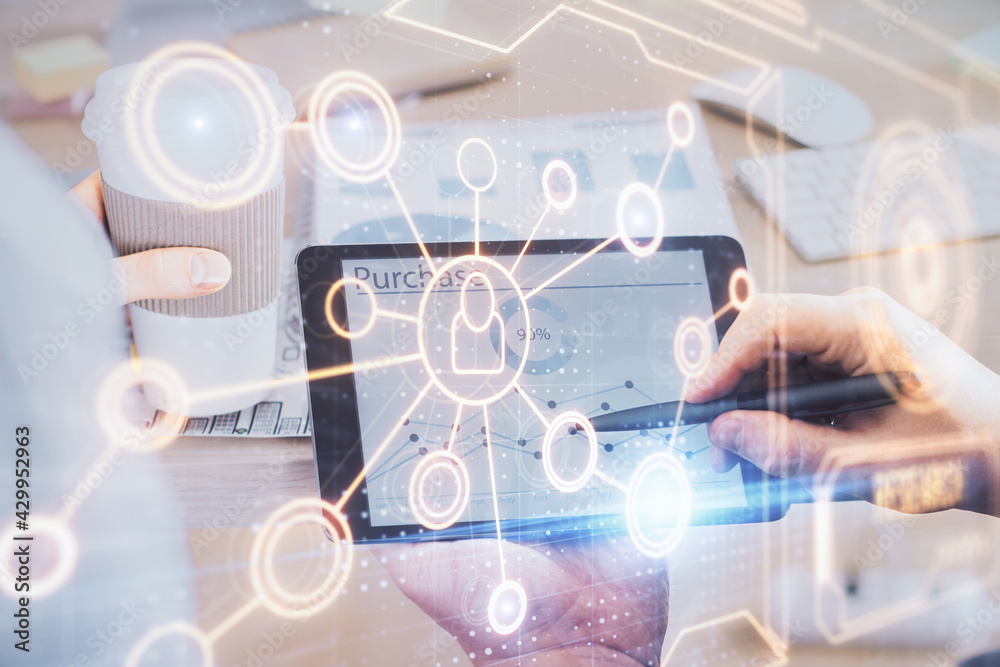 Double exposure of man's hands holding and using a phone and social network theme drawing. Double exposure of man's hands holding and using a phone and social network theme drawing.