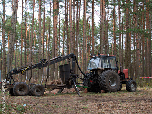 Tractor that collects felled trees stands sideways, tree cutting concept, Deforestation