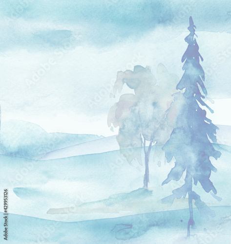 Watercolor winter forest, silhouette of trees, bushes. Field. Country view. Postcard, logo, card. Drawing of blue trees. Country landscape. Trees in the snow.Bad weather, storm. Wind, rainy day. 