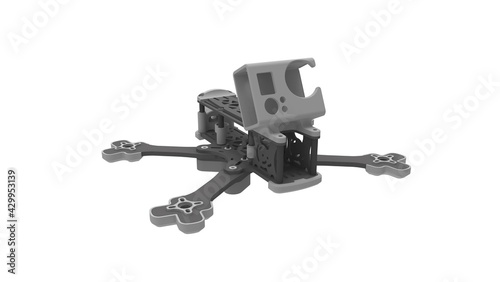 3D rendering of a race drone cinematic footage tool computer model on white background.